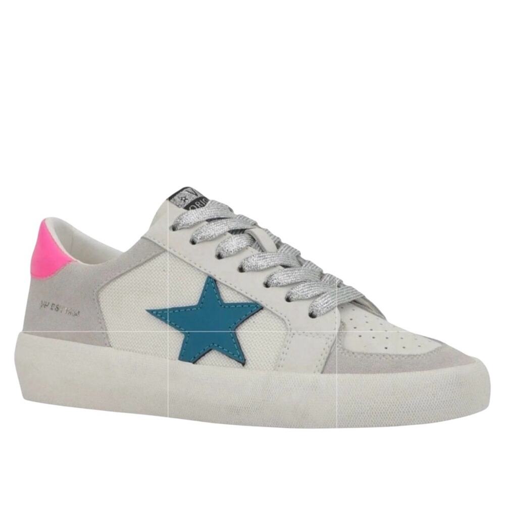VINTAGE HAVANA Kenna Croc Embossed Leather Sneaker In White/grey/pink Pop Sz 8